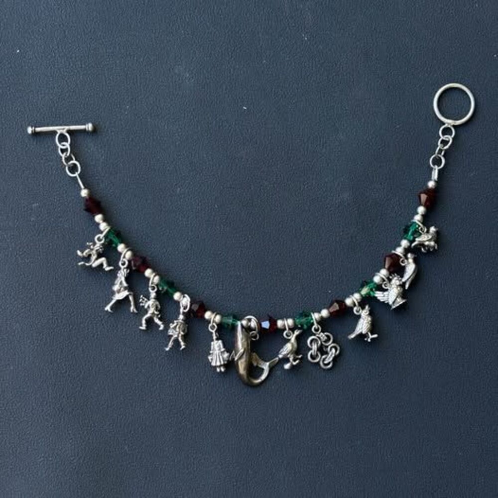 Vintage 925 Sterling Silver Christmas Charm Bracelet Bird Bells Crystal 8”